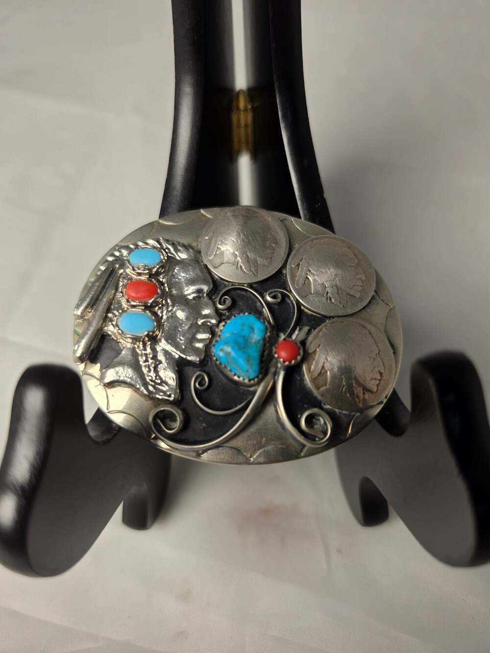 Vintage Signed Squaw Wrap Native American Style Belt Buckle with Buffalo Nickels
